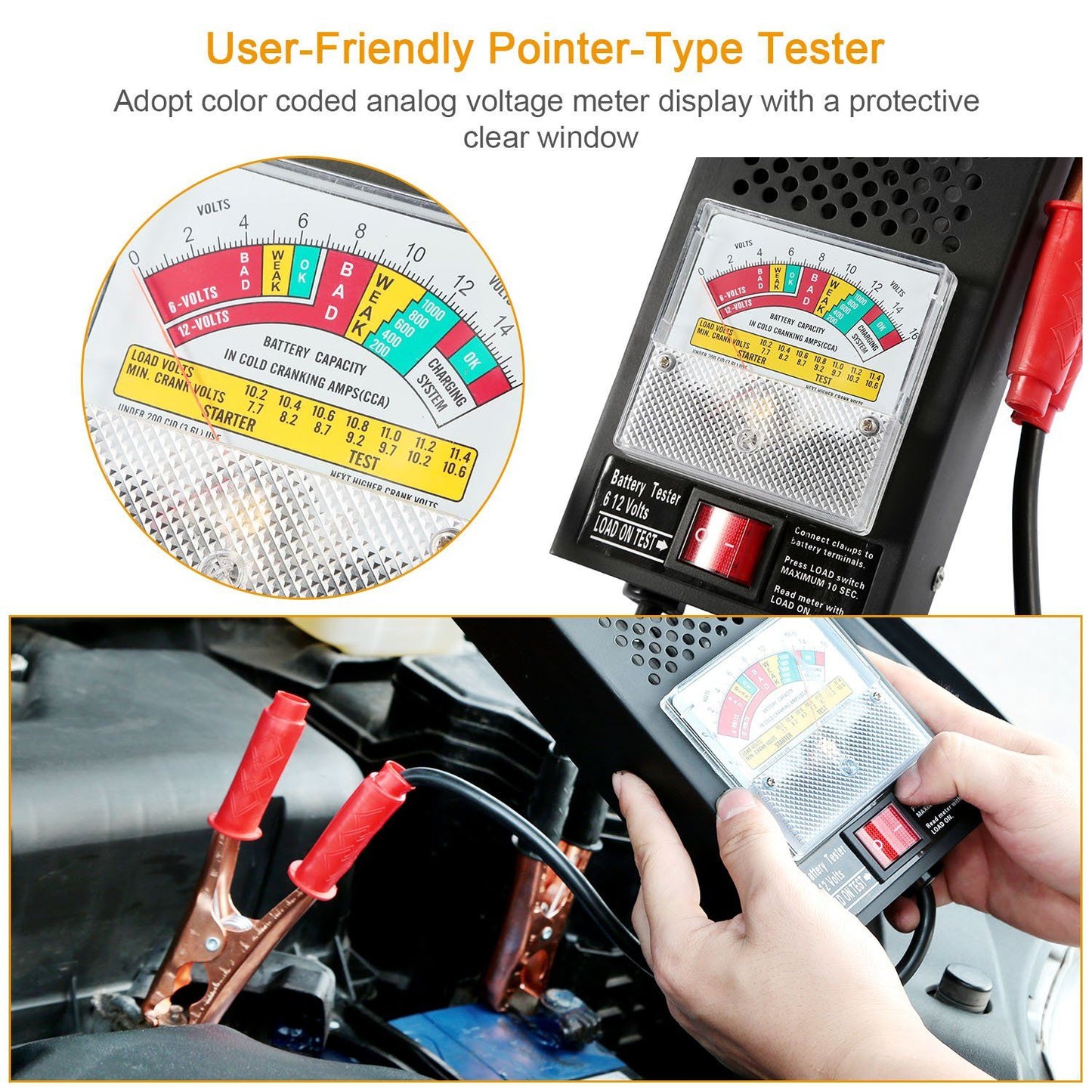 Skorter | 6-12V Car Battery Tester with Heavy Insulated Copper Clamps