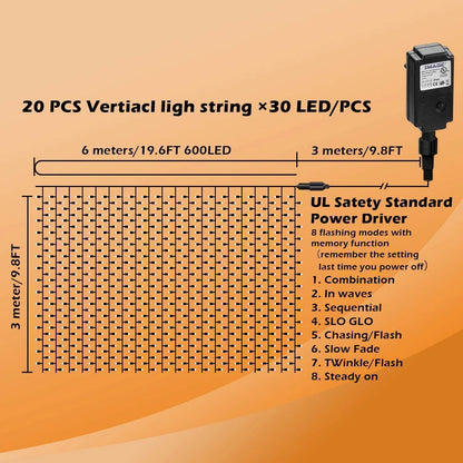 Skorter | 600 LED 9.8 x 19.6 FT. LED curtain lights with 8 light modes and memory function