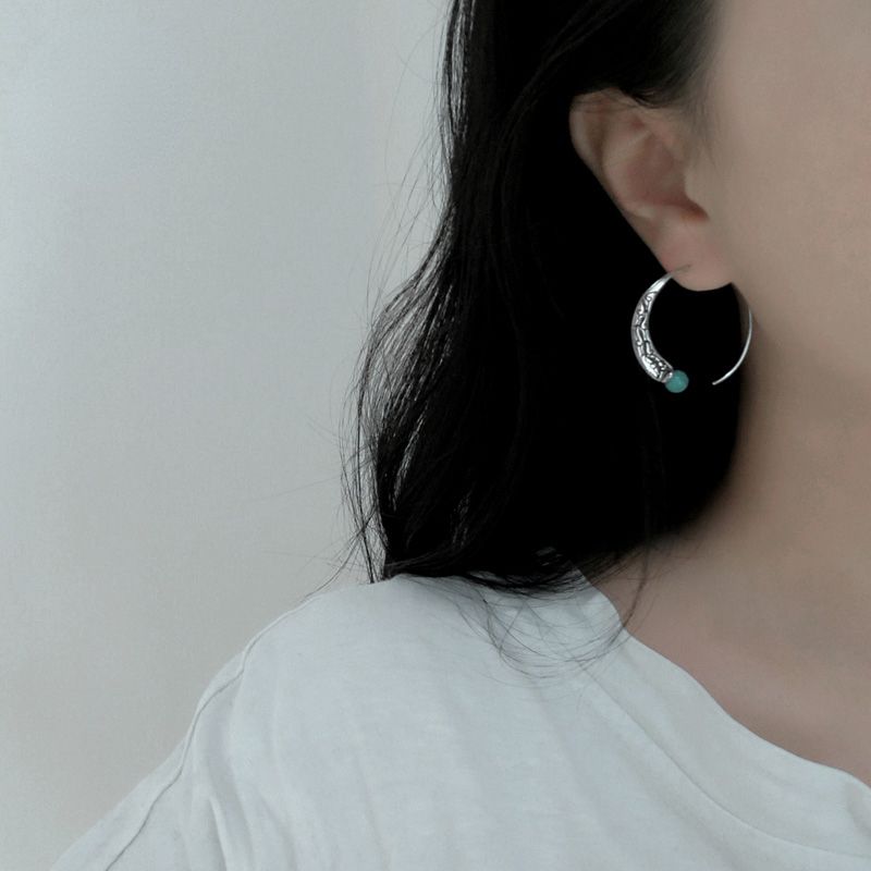 Skorter | Blue Tibetan silver national handmade retro style earrings engraved turquoise Chinese style earrings