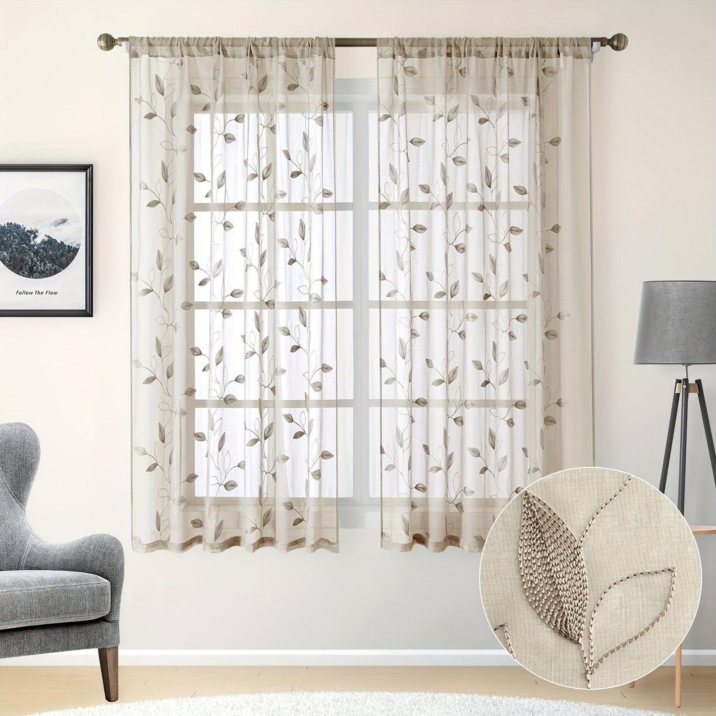 Skorter | Embroidered curtains with leaves - 2 pcs semi-transparent for bedroom and living room