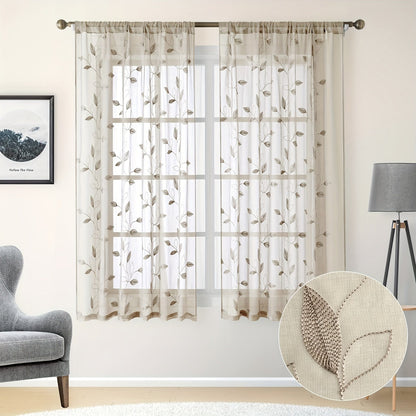 Skorter | Embroidered curtains with leaves - 2 pcs semi-transparent for bedroom and living room