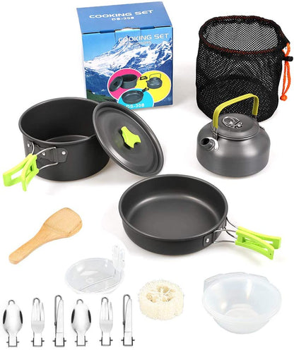 Skorter | DZRZVD Camping Cookware Mess Kit Gear, Backpacking Accessories Equipment Pots and Pan Set with Mesh Carrying Bag for Hiking, Picnic