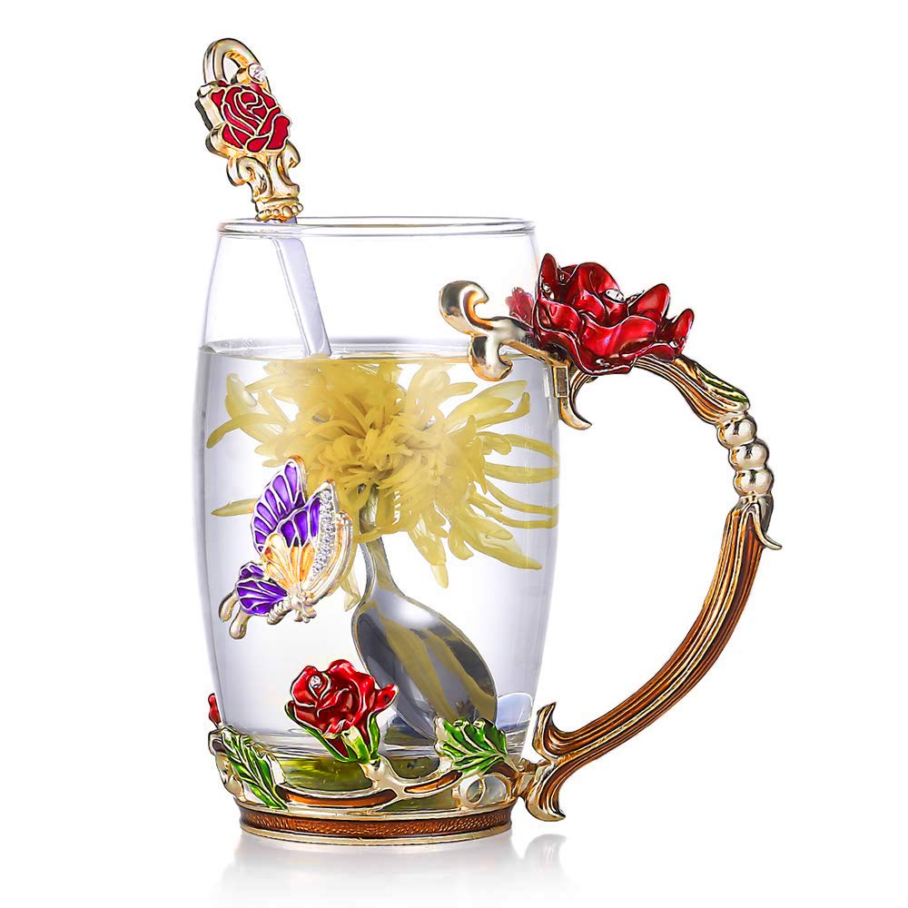 skorter | Enamel Rose Glass Tea Cup Set (With Spoon)