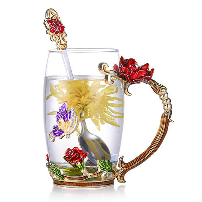 skorter | Enamel Rose Glass Tea Cup Set (With Spoon)