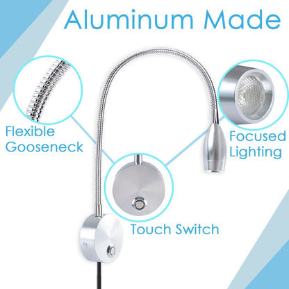 Skorter | Adjustable LED dimmable reading lamp for books, adjustable wall-mounted bedside lamp, silver