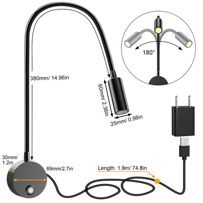 Skorter | Eray Wall Mounted Led Reading Lamp, Dimmable, 15" Goose Neck, Usb Charging, 2 Pack