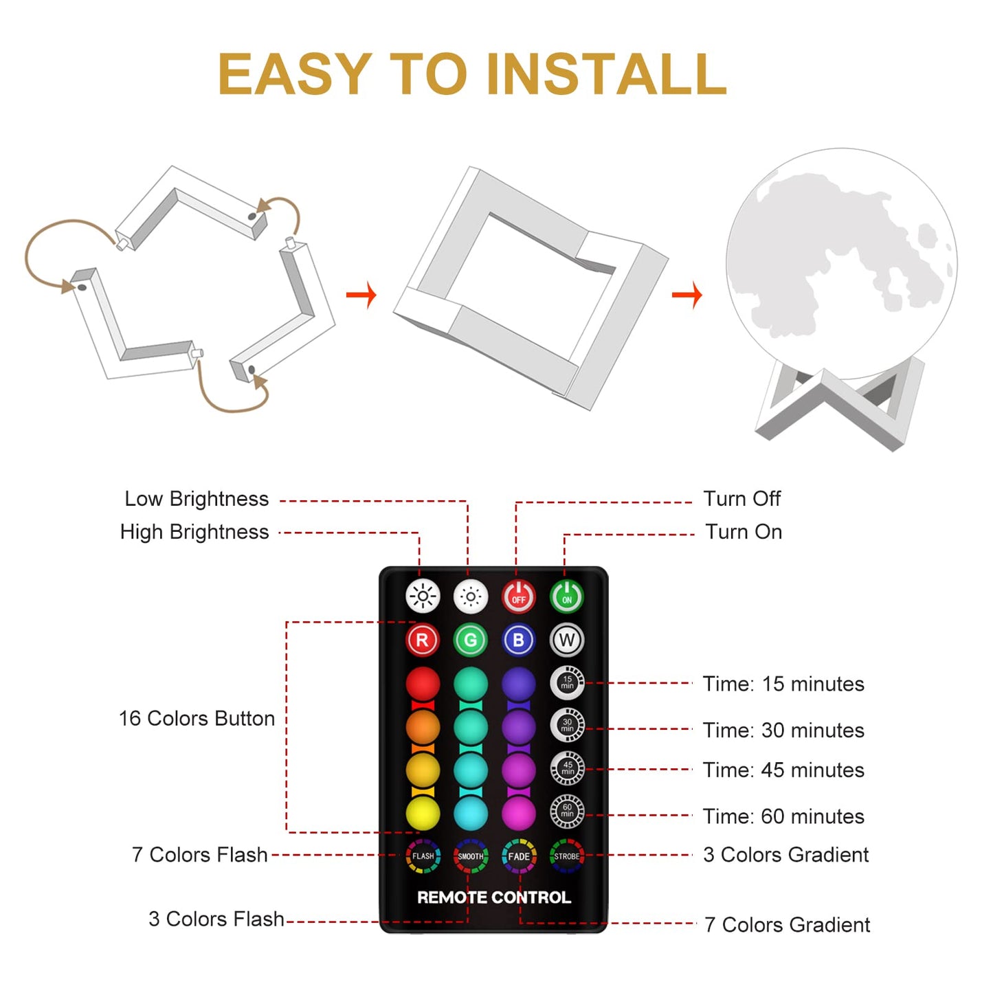 Skorter | Dtoetkd 3D Moon Lamp 6 Inches, 16 Colors, Touch Control, USB Rechargeable - Perfect Gift For Children