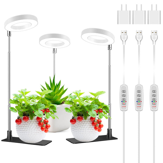 Skorter | Coal Growth Light For Indoor Plants, 48 Leds Full Spectrum Halo Plant Light For Indoor Plants, Height Adjustable Grow Lamp With Removable Base, 3 9 12 Hours, 10 Brightness, 3 Pack