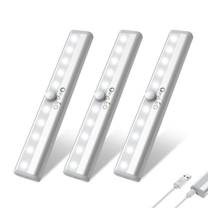 Skorter | Oxyled 10 Led Under Cabinet Light, Rechargeable Motion Sensor Night Light Bar, 3 Pack, Pure White