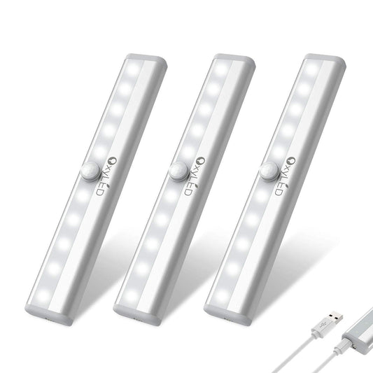 Skorter | Oxyled 10 Led Under Cabinet Light, Rechargeable Motion Sensor Night Light Bar, 3 Pack, Pure White