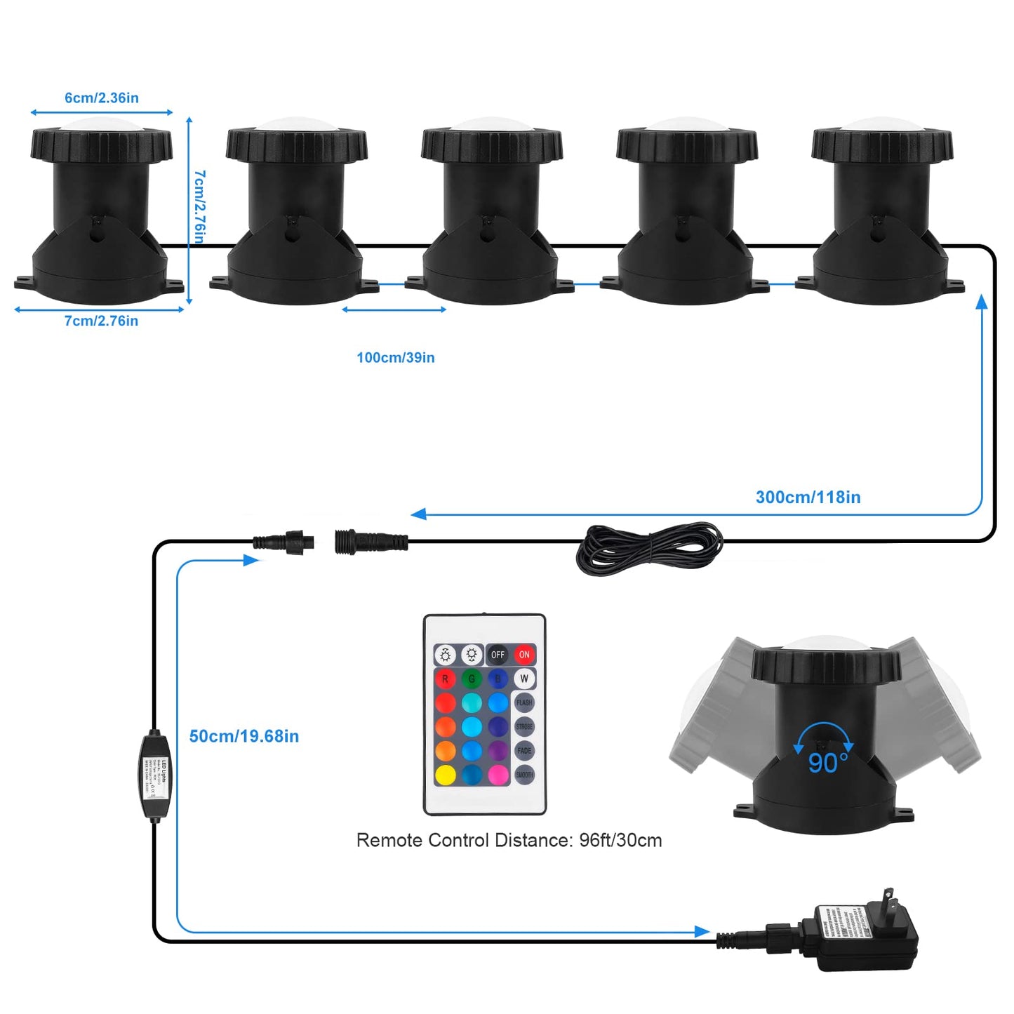Skorter | T-Sun 5 Head Rgb Led Spotlight With Remote Control - Underwater Spotlights For Garden, Pool, Aquarium