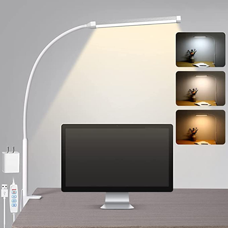 Skorter | LED Desk Lamp with Lamp, eye-friendly Clip-On Lights for the Home Office, 3 Modes 10 Brightness Levels, long flexible Gooseneck, Metal, Swing Arm Architect Task Desk Lamps with USB Adapter, White