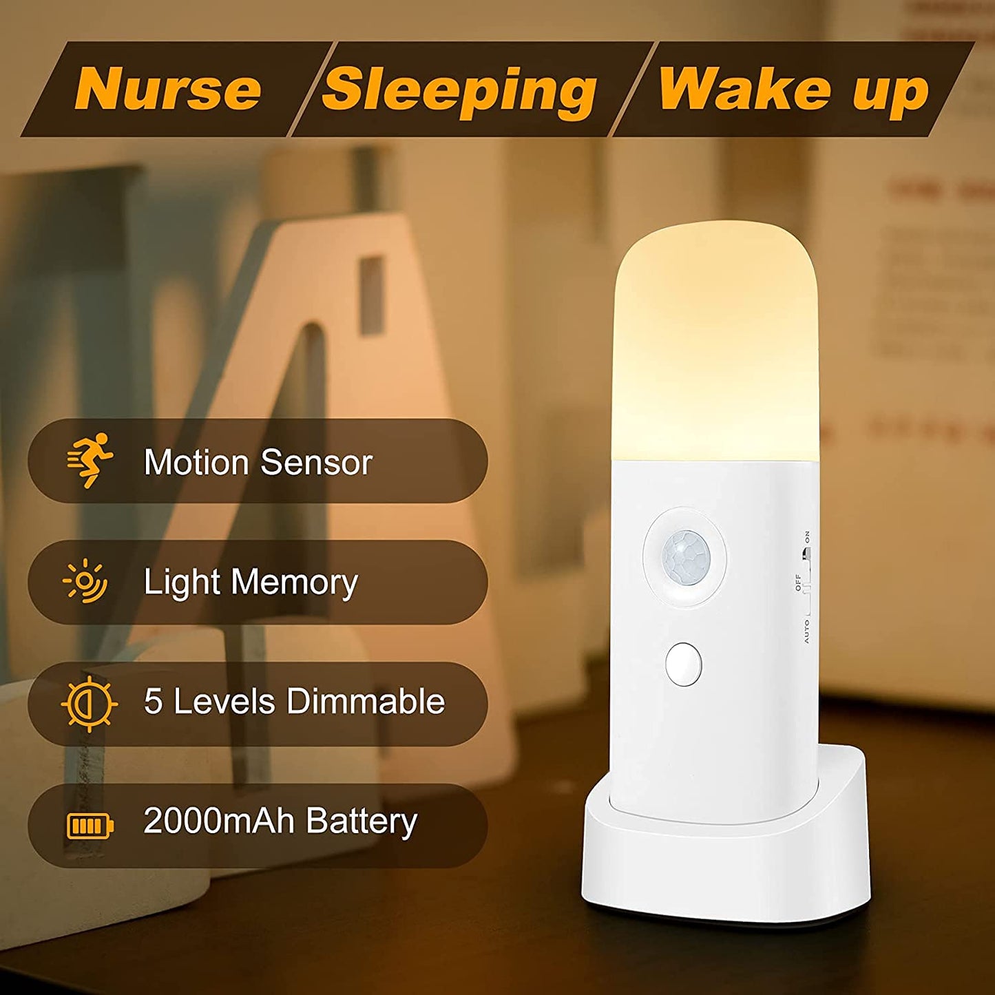 Skorter | Creweel Motion Sensor Night Light, Dimmable LED Table Lamp, Battery Operated, 2 Pack, Warm White