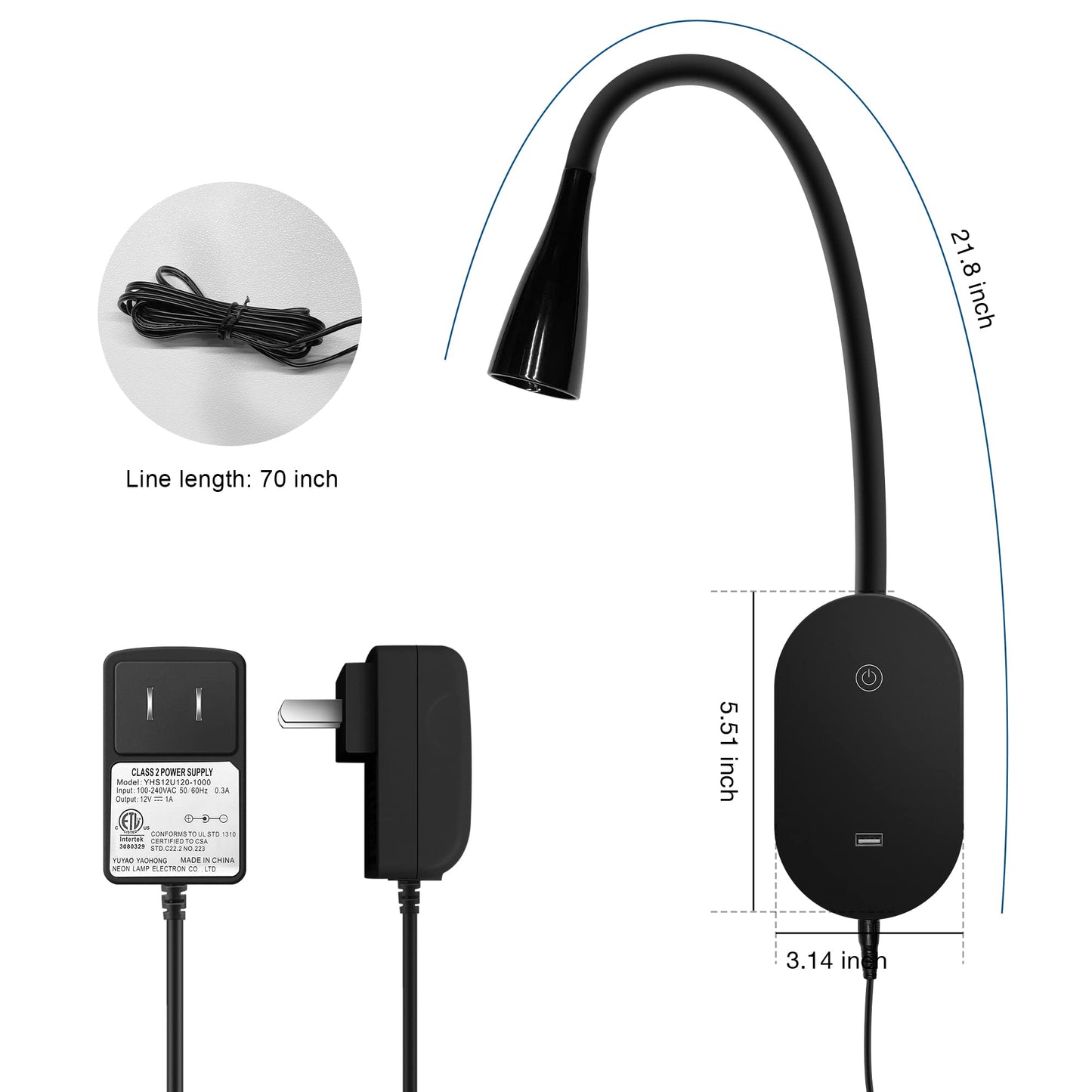 Skorter | Topmb Wall Lamp for Reading - Touch Control, Usb Output, 5 Dimmable Led, Flexible Goose Neck, Black