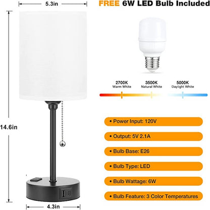 Skorter | Bedroom lamp - 3 Color Temperature, USB-C and USB-A Ports, Pull Cord Table Lamp with AC Outlet