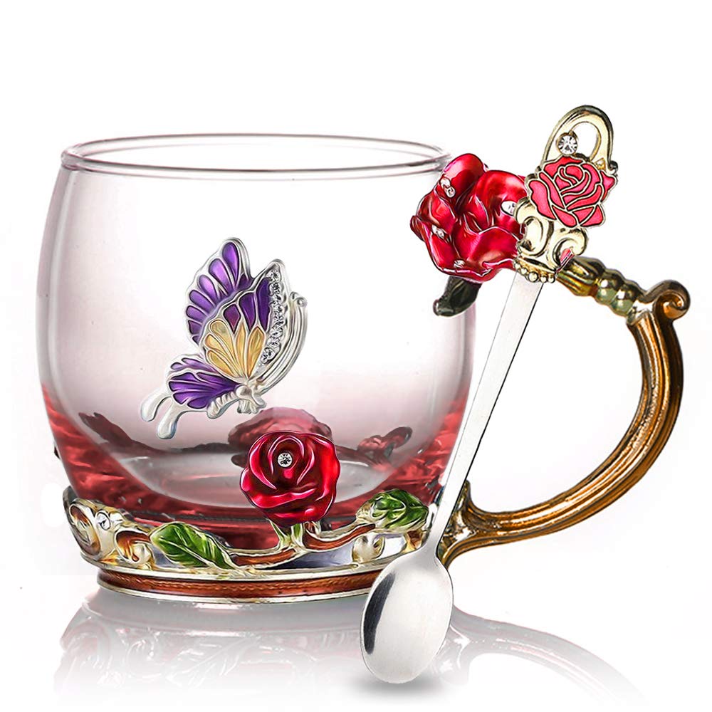 Skorter | Enamel Rose Glass Tea Cup Set (With Spoon)