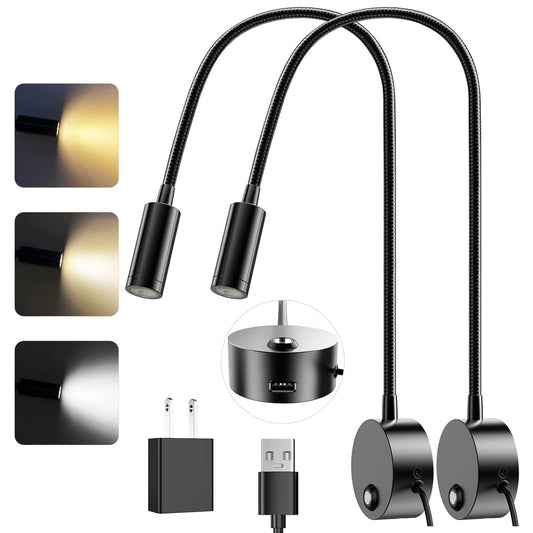 Skorter | Eray Wall Mounted Led Reading Lamp, Dimmable, 15" Goose Neck, Usb Charging, 2 Pack