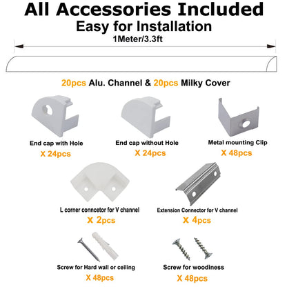 Skorter | Hunhun 20-Pack V Shaped LED Aluminum Channel System with Milk White Cover & Clips, 3.3Ft