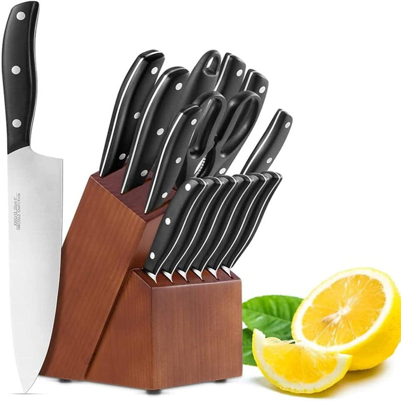 Skorter | 15-piece professional chef knife set with wooden block, high-carbon stainless steel with scissors, knife sharpener, and 6 serrated steak knives