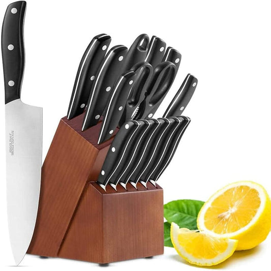 Skorter | 15-piece professional chef knife set with wooden block, high-carbon stainless steel with scissors, knife sharpener, and 6 serrated steak knives