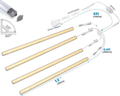 Skorter | Cefrank 12" Dimmable Led Under Cabinet Lighting Set - 4 Pcs Warm White 3000K, 1200