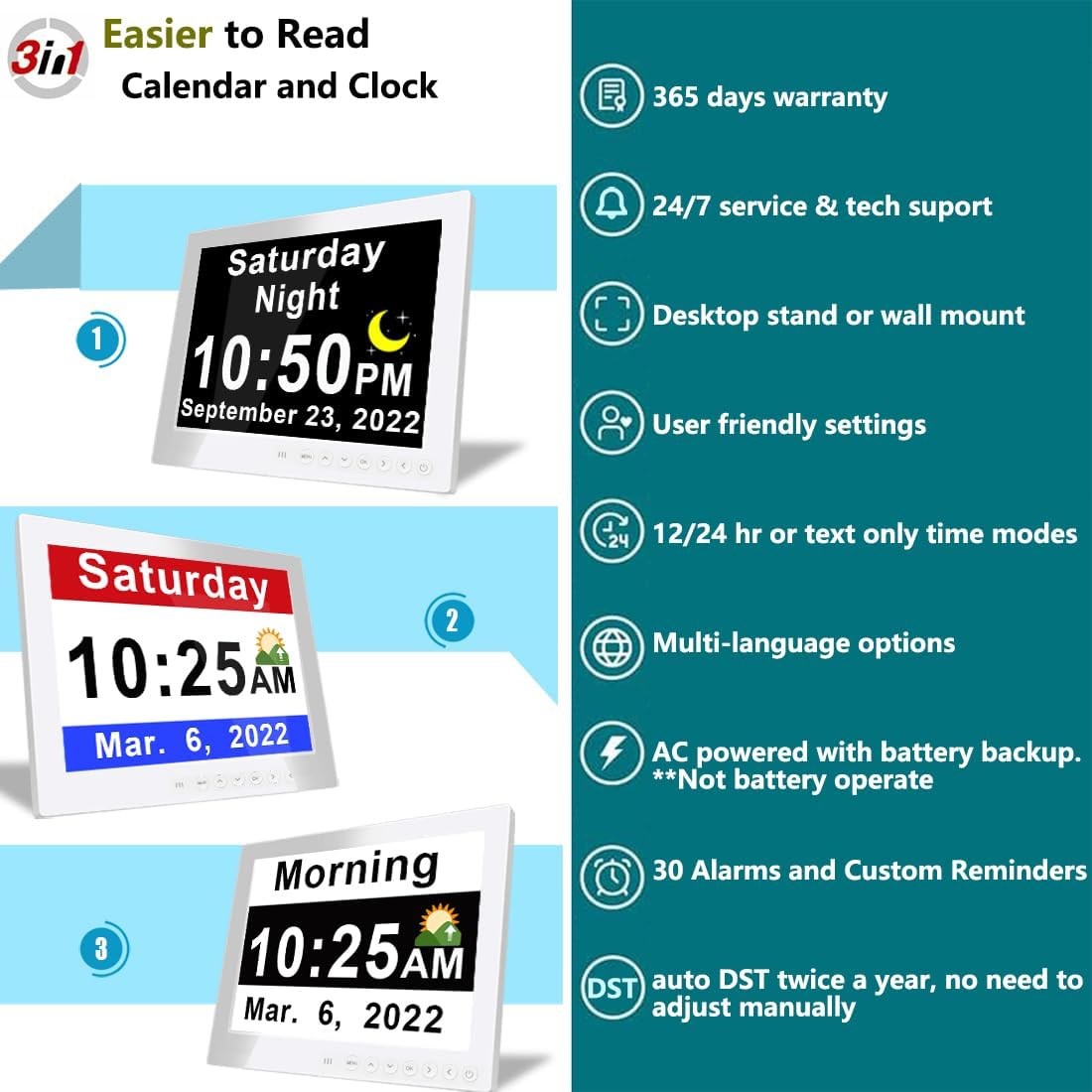 Skorter | 11.5-Inch Digital Calendar Day Clock with 19 Reminders – Claryon