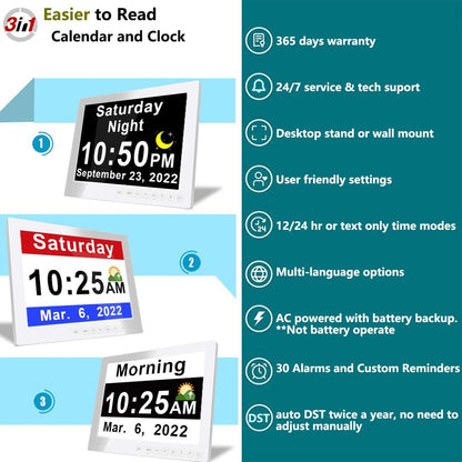 Skorter | 11.5-Inch Digital Calendar Day Clock with 19 Reminders – Claryon