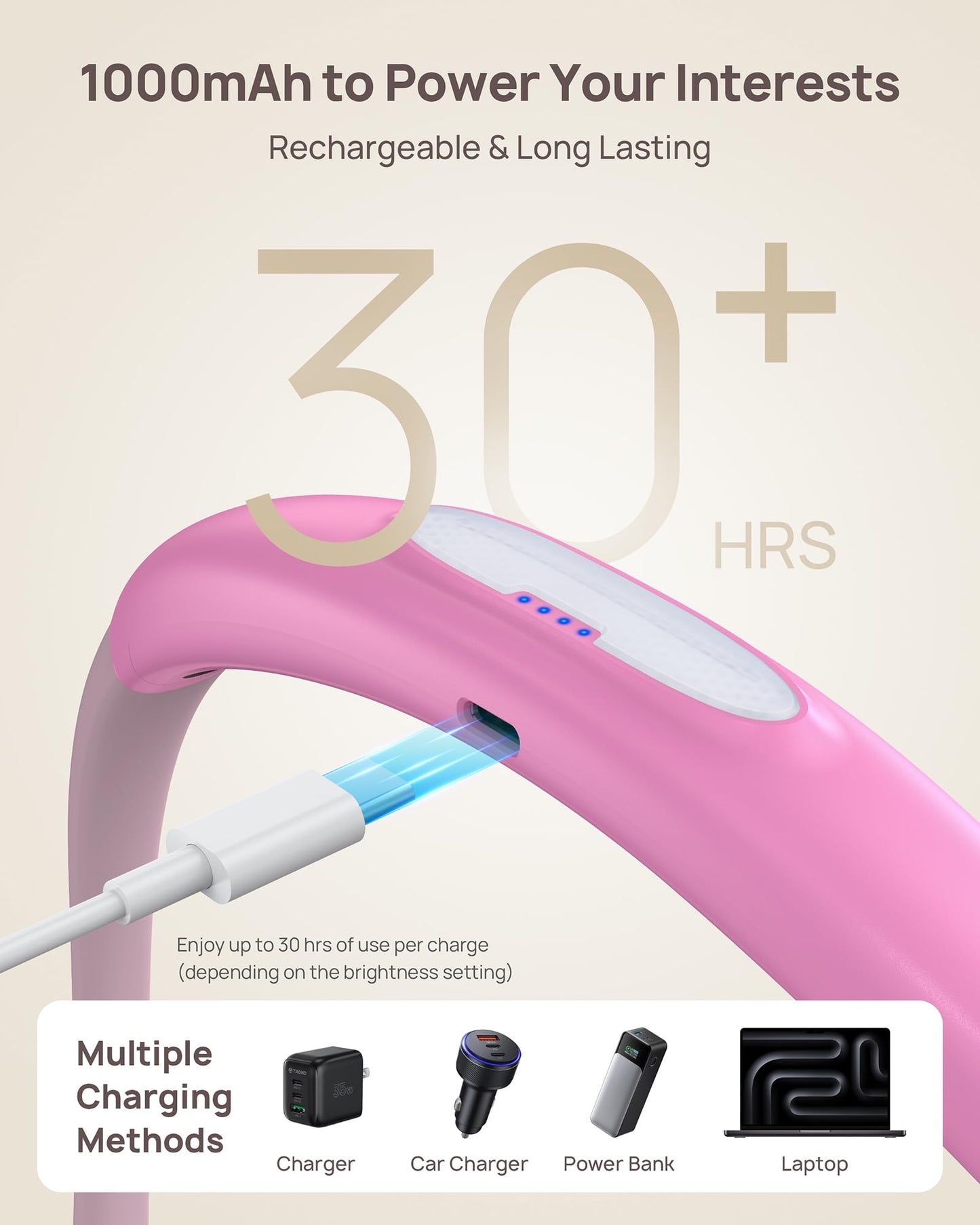 Skorter | Trond LED Neck Reading Light - 3 Colors, 3 Brightness Levels, Rechargeable, Eye-Friendly, Rose Red