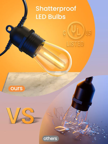 Skorter | Festoon Lights Outdoor, 53FT/16M S14 Outdoor Garden LED String Lights, IP65 Waterproof Outdoor String Lights Main Power 2700K 15+1(Replacement) Bulbs for Outdoor Patio Terrace Yard Wedding Party