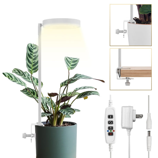 Skorter | Glowrium Growth Light For Indoor Plants, Full Spectrum Plant Light With Clamp, Height Adjustable & 3 Spectrum Modes, 3/9/12H Automatic Timer, 10 Dimmable Brightness Levels, Mini Halo Growth Light For Small Plants