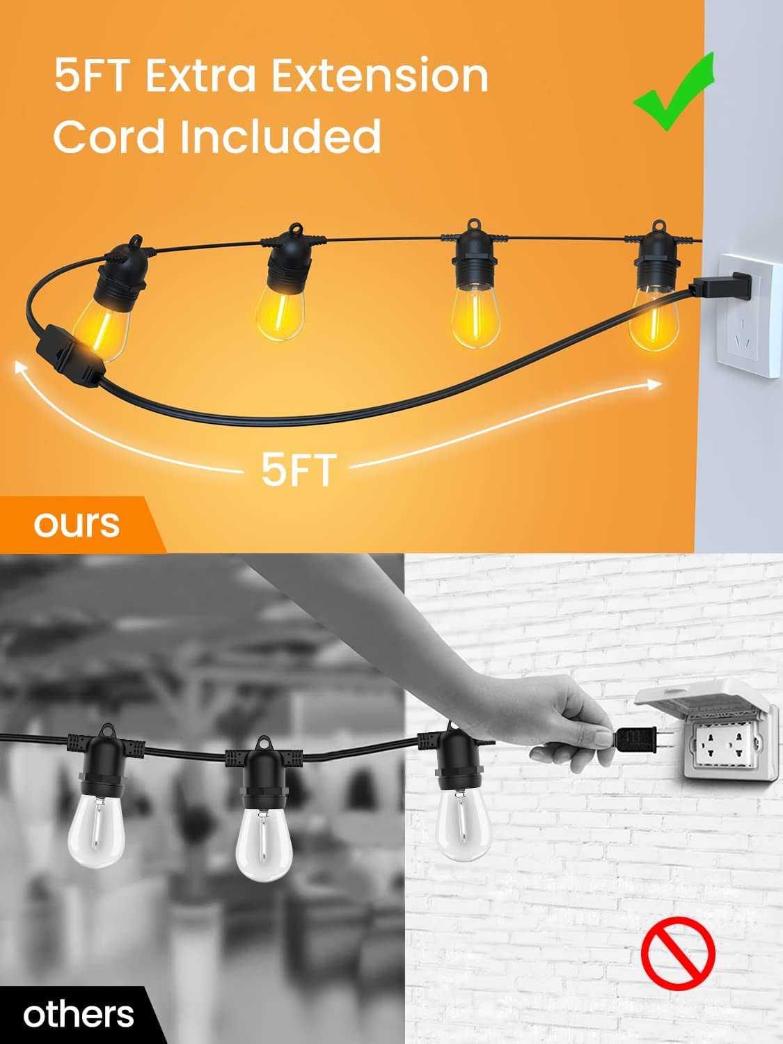 Skorter | Festoon Lights Outdoor, 53FT/16M S14 Outdoor Garden LED String Lights, IP65 Waterproof Outdoor String Lights Main Power 2700K 15+1(Replacement) Bulbs for Outdoor Patio Terrace Yard Wedding Party