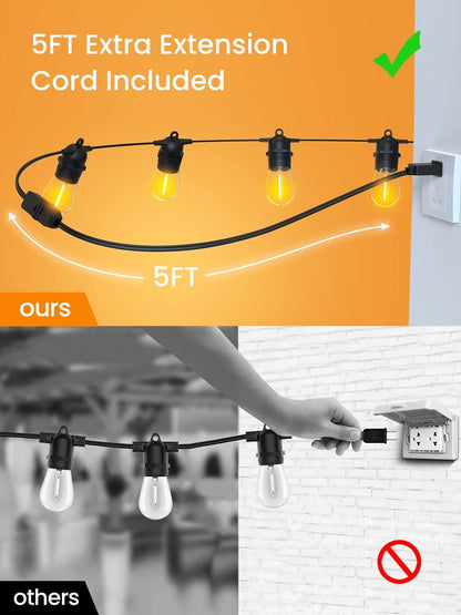 Skorter | Festoon Lights Outdoor, 53FT/16M S14 Outdoor Garden LED String Lights, IP65 Waterproof Outdoor String Lights Main Power 2700K 15+1(Replacement) Bulbs for Outdoor Patio Terrace Yard Wedding Party