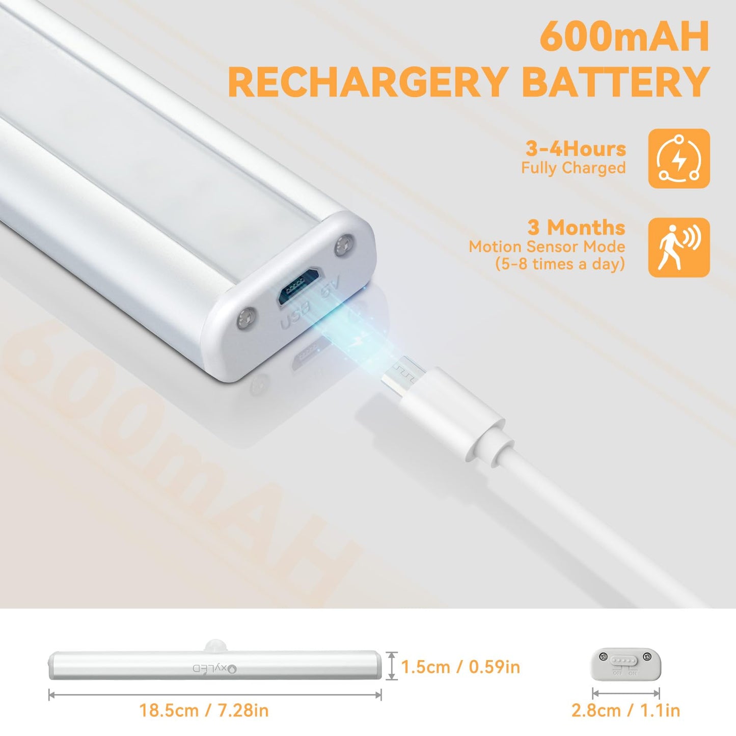 Skorter | Oxyled 10 Led Under Cabinet Light, Rechargeable Motion Sensor Night Light Bar, 3 Pack, Pure White