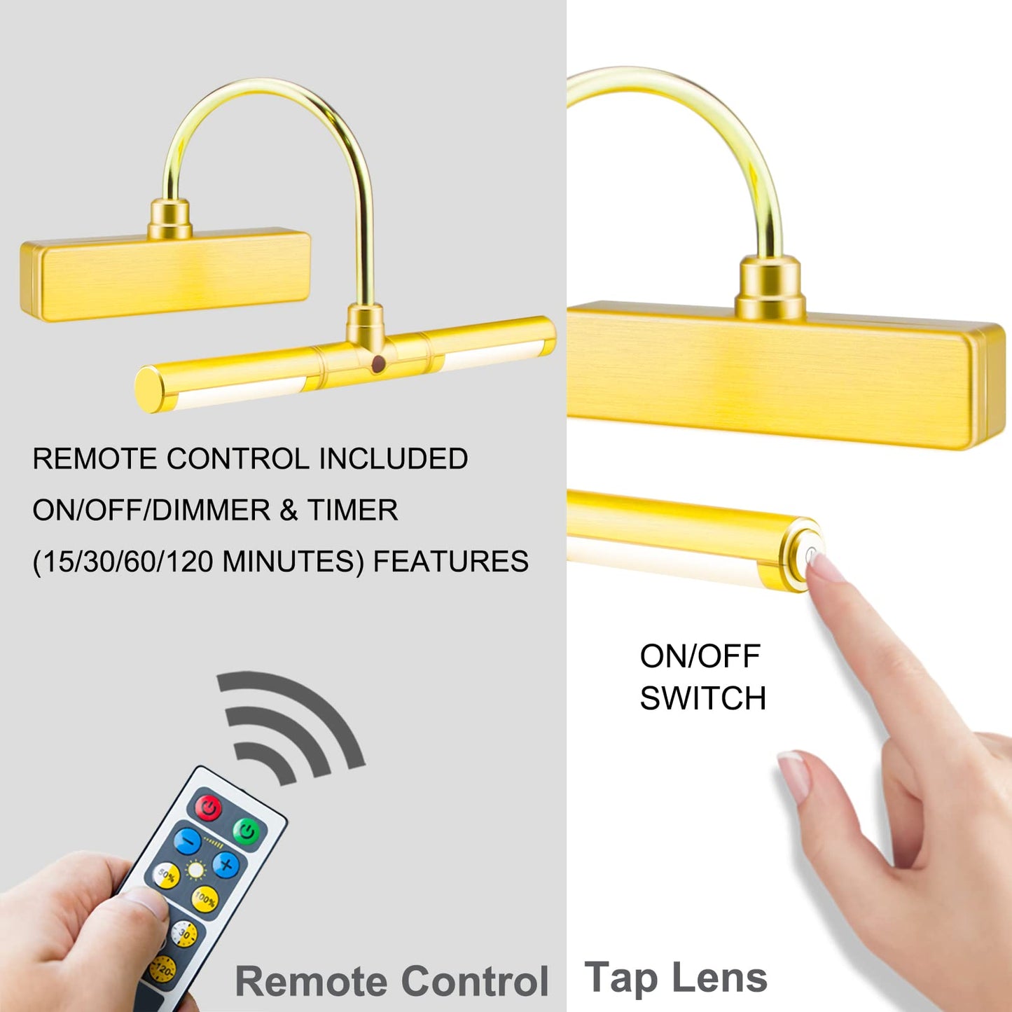 Skorter | Biglight Wireless Led Picture Light With Remote Control, Dimmable, 3 Modes, 8.8", Gold