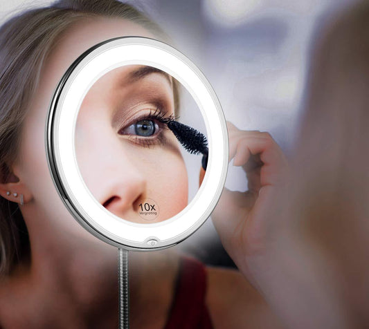 Skorter | Claravue LED Magnifying Mirror with Flexible Gooseneck – 10x Zoom, Daylight LEDs & Suction Mount