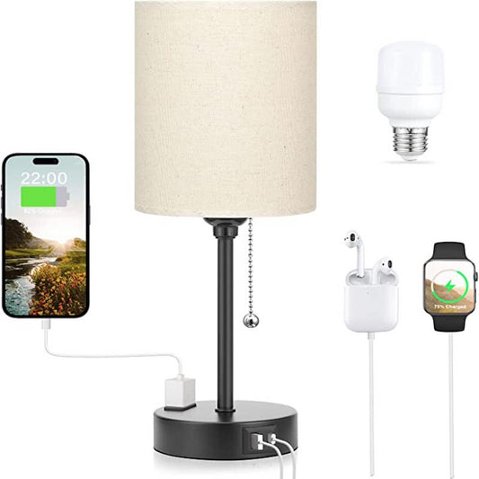 Skorter | Bedroom lamp - 3 Color Temperature, USB-C and USB-A Ports, Pull Cord Table Lamp with AC Outlet