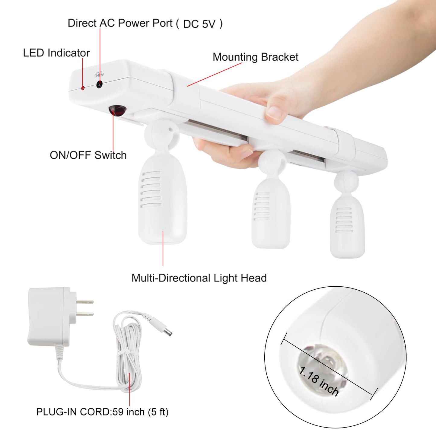 Skorter | Luxsway Led Track Light With Remote Control, 3 Adjustable Heads, Dimmable Accent Lighting, White