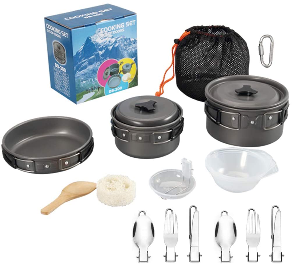 Skorter | DZRZVD Camping Cookware Mess Kit Gear, Backpacking Accessories Equipment Pots and Pan Set with Mesh Carrying Bag for Hiking, Picnic
