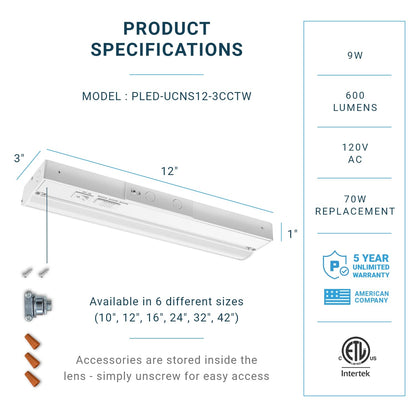 Skorter | Parmida Led Under Cabinet Lighting, 12" Dimmable, 9W, 3Cct, Etl Listed, White