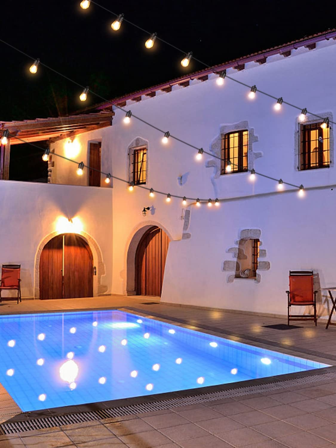 Skorter | Festoon Lights Outdoor, 53FT/16M S14 Outdoor Garden LED String Lights, IP65 Waterproof Outdoor String Lights Main Power 2700K 15+1(Replacement) Bulbs for Outdoor Patio Terrace Yard Wedding Party