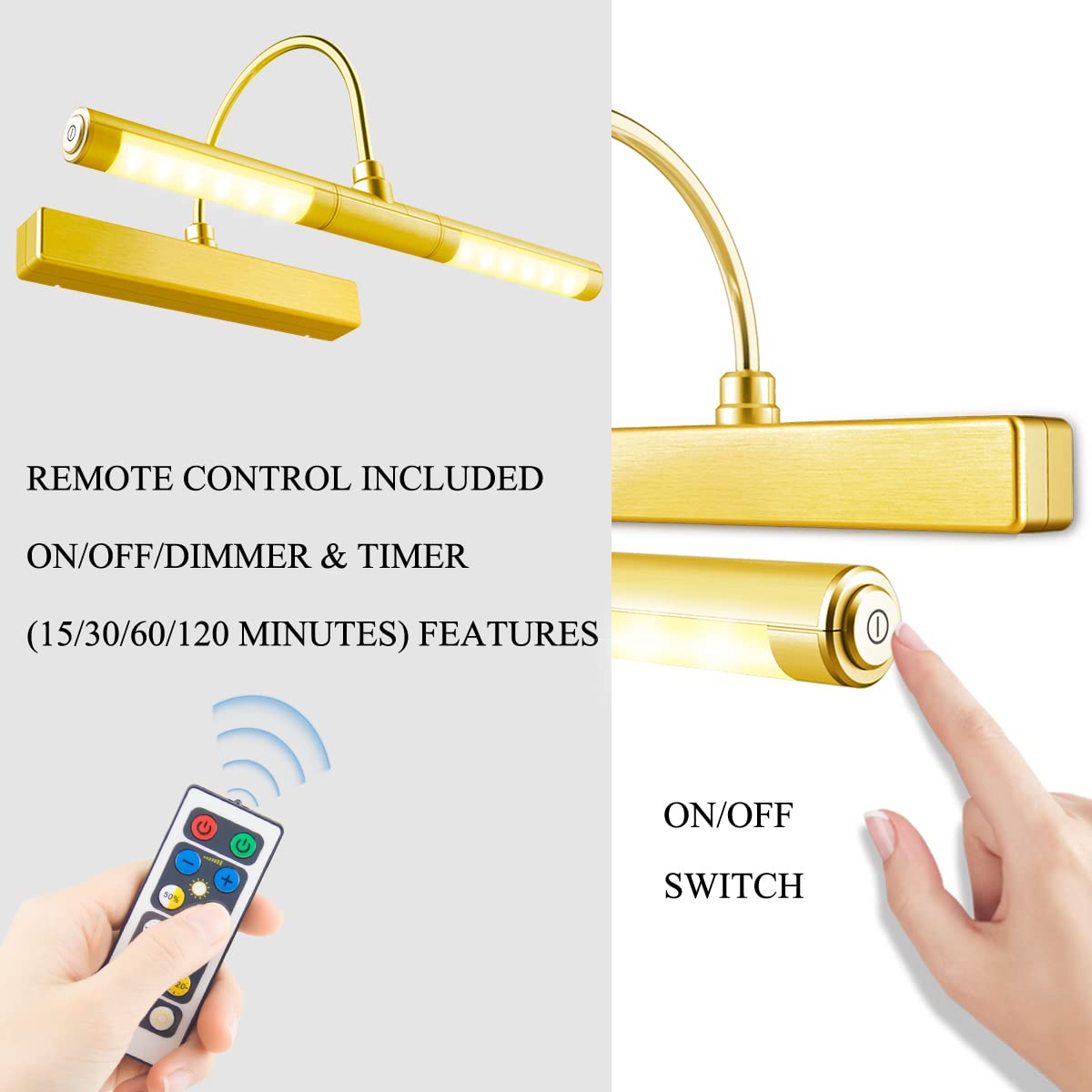 Skorter | Biglight Wireless Led Picture Lighting With Remote Control, Dimmable Gold Lamp For Art & Portraits, 13 Inches
