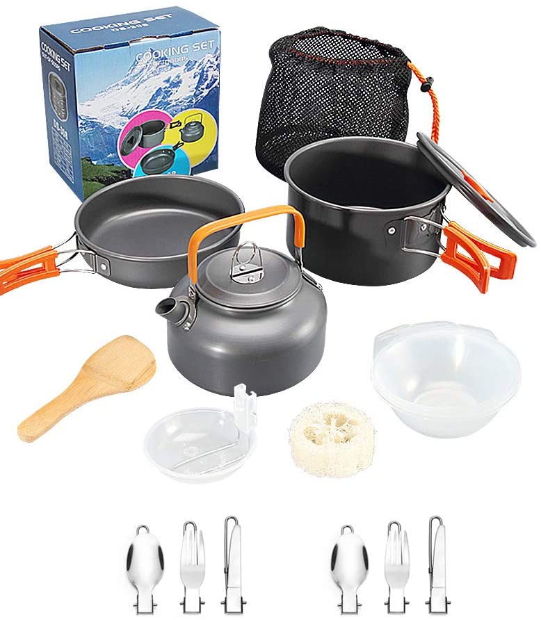 Skorter | DZRZVD Camping Cookware Mess Kit Gear, Backpacking Accessories Equipment Pots and Pan Set with Mesh Carrying Bag for Hiking, Picnic