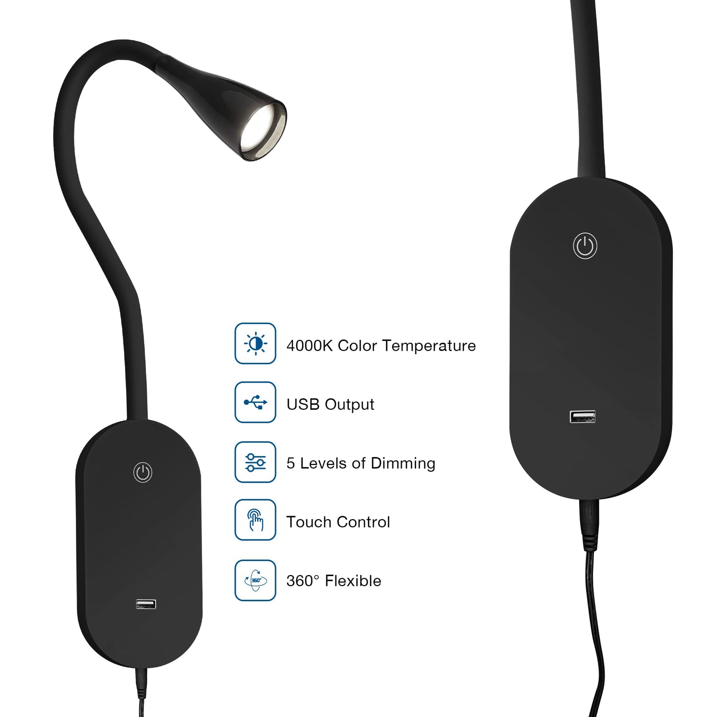 Skorter | Topmb Wall Lamp for Reading - Touch Control, Usb Output, 5 Dimmable Led, Flexible Goose Neck, Black
