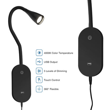 Skorter | Topmb Wall Lamp for Reading - Touch Control, Usb Output, 5 Dimmable Led, Flexible Goose Neck, Black