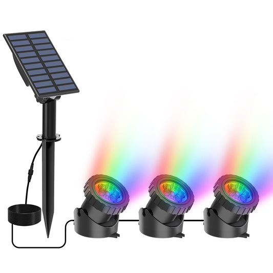 Skorter | Crepow solar cell underwater pond lights, super bright RGB LED submersible pond lights color changing spotlights IP68 waterproof fountain lights for fish aquarium, garden pond, swimming pool (3-in-1)