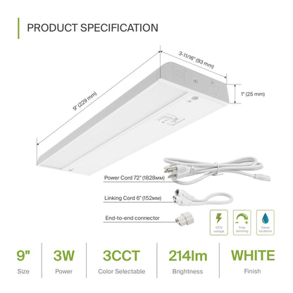 Skorter | Asd Dimmable Led Under Cabinet Lighting, 9 Inches, 3 Color LEVELS, Hardwired/Plug-In, White Finish