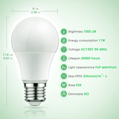 Skorter | Briignite Full Spectrum Led Grow Light Bulbs, 4 Pack A19, 11W For Indoor Plants