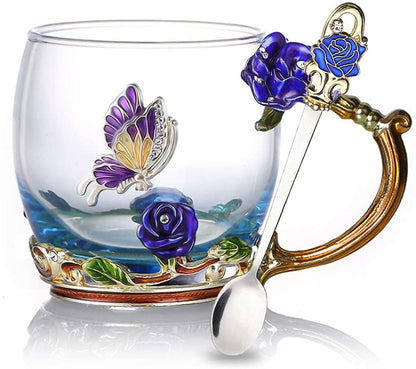 Skorter | Enamel Rose Glass Tea Cup Set (With Spoon)