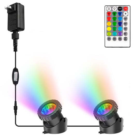 Skorter | Crepow Rgb Pond Lights With Timer, Ip68 Waterproof Led Spotlights For Garden & Aquarium (Set Of 2)