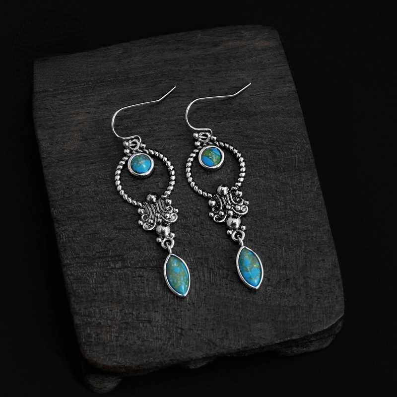 Skorter | Blue Art Retro Style Turquoise Engraved Earrings Elegant Temperament Ethnic Style Earrings